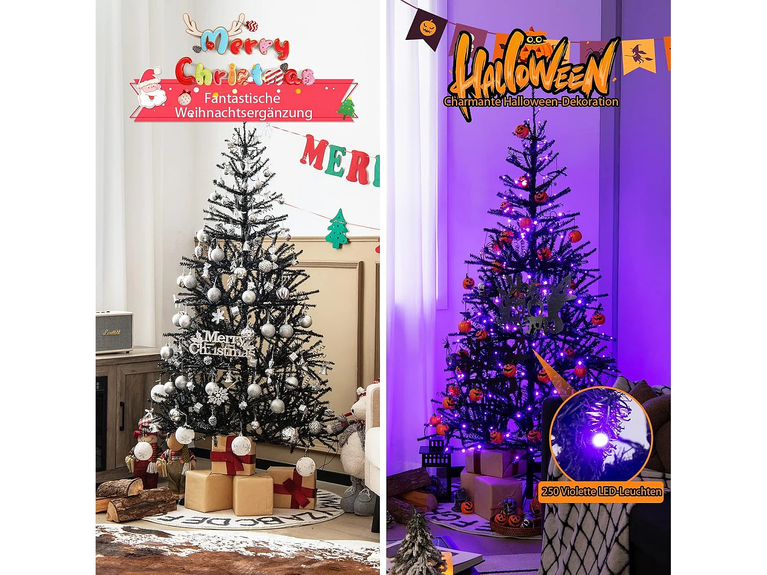 183cm Künstlicher Weihnachtsbaum mit 250 lila LEDs, Schmuck & 791 PVC-Spitzen, für Halloween