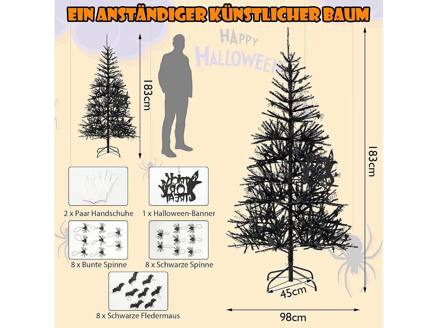 183cm Künstlicher Weihnachtsbaum mit 250 lila LEDs, Schmuck & 791 PVC-Spitzen, für Halloween