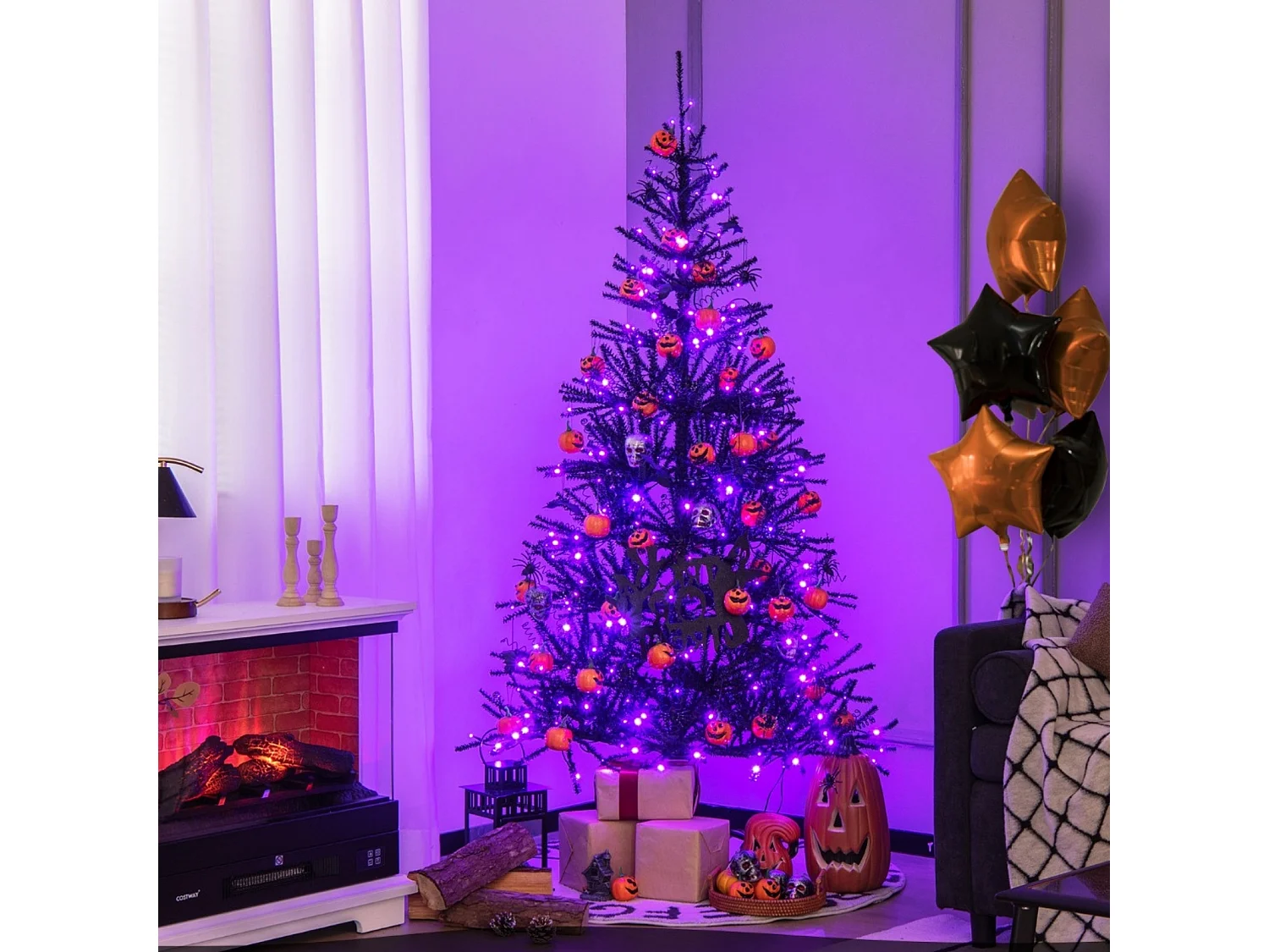 Albero di Natale artificiale nero in stile Halloween con illuminazione a LED, 183 cm