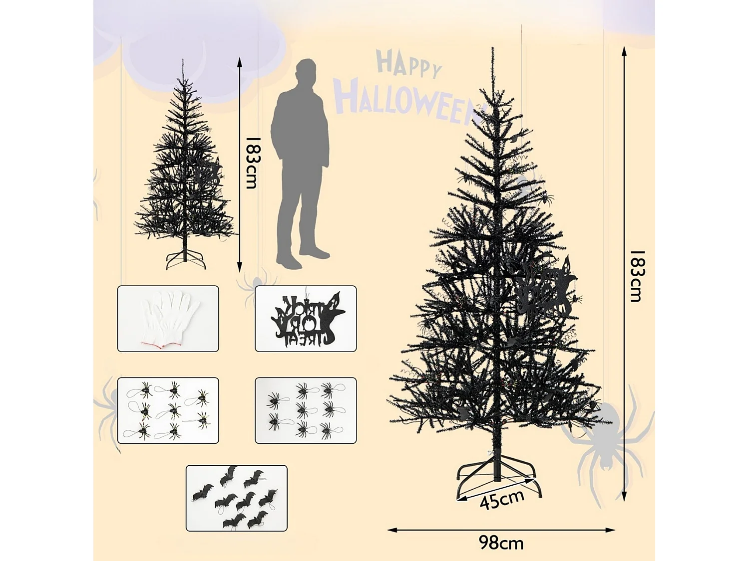 Albero di Natale artificiale nero in stile Halloween con illuminazione a LED, 183 cm