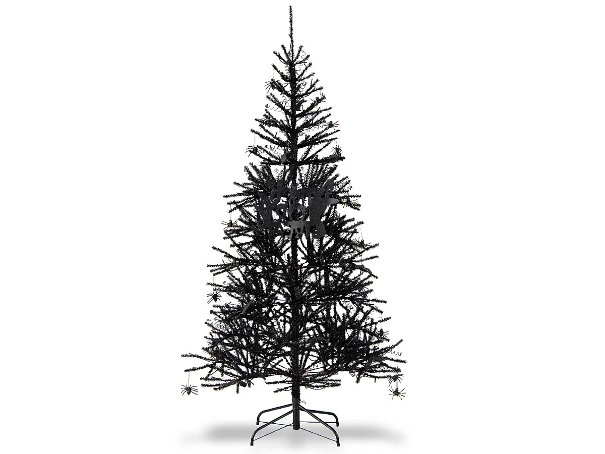 Albero di Natale artificiale nero in stile Halloween con illuminazione a LED, 183 cm