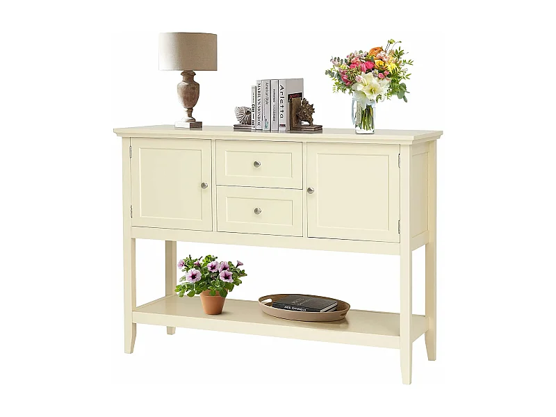 Konsolentisch Flurtisch mit 2 Schubladen und Schränken, Buffet-Tisch Beistelltisch Holz, Sideboard Esskommode für Wohnzimmer Flur Büro (Weiß)