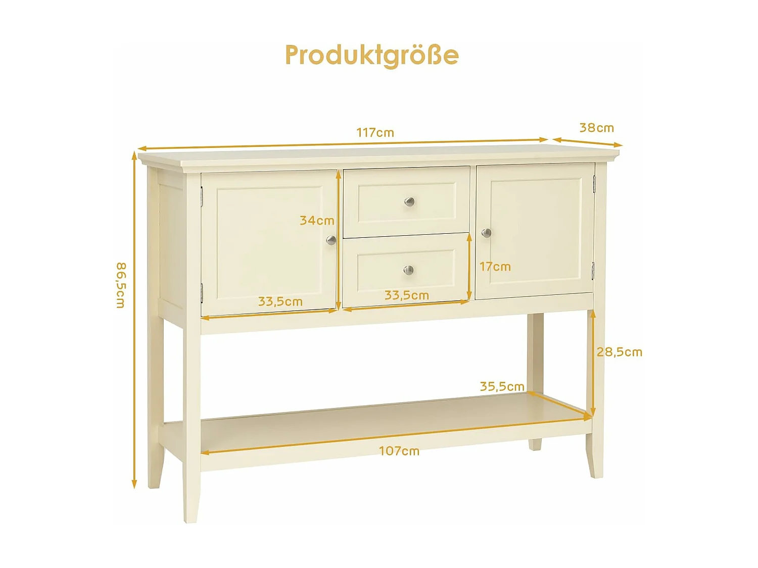 Konsolentisch Flurtisch mit 2 Schubladen und Schränken, Buffet-Tisch Beistelltisch Holz, Sideboard Esskommode für Wohnzimmer Flur Büro (Weiß)