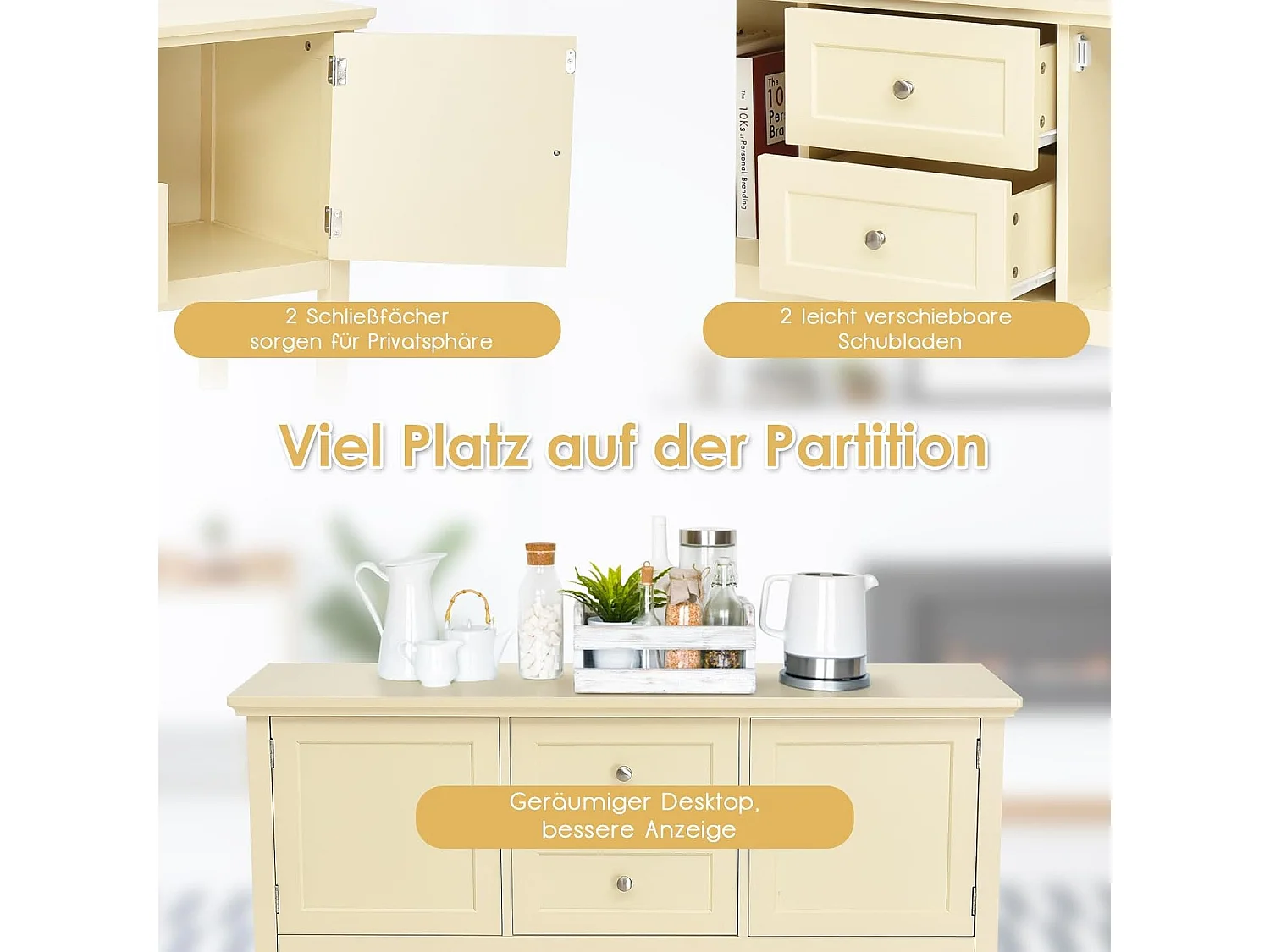 Konsolentisch Flurtisch mit 2 Schubladen und Schränken, Buffet-Tisch Beistelltisch Holz, Sideboard Esskommode für Wohnzimmer Flur Büro (Weiß)