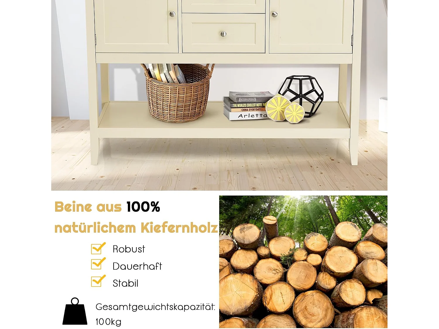 Konsolentisch Flurtisch mit 2 Schubladen und Schränken, Buffet-Tisch Beistelltisch Holz, Sideboard Esskommode für Wohnzimmer Flur Büro (Weiß)