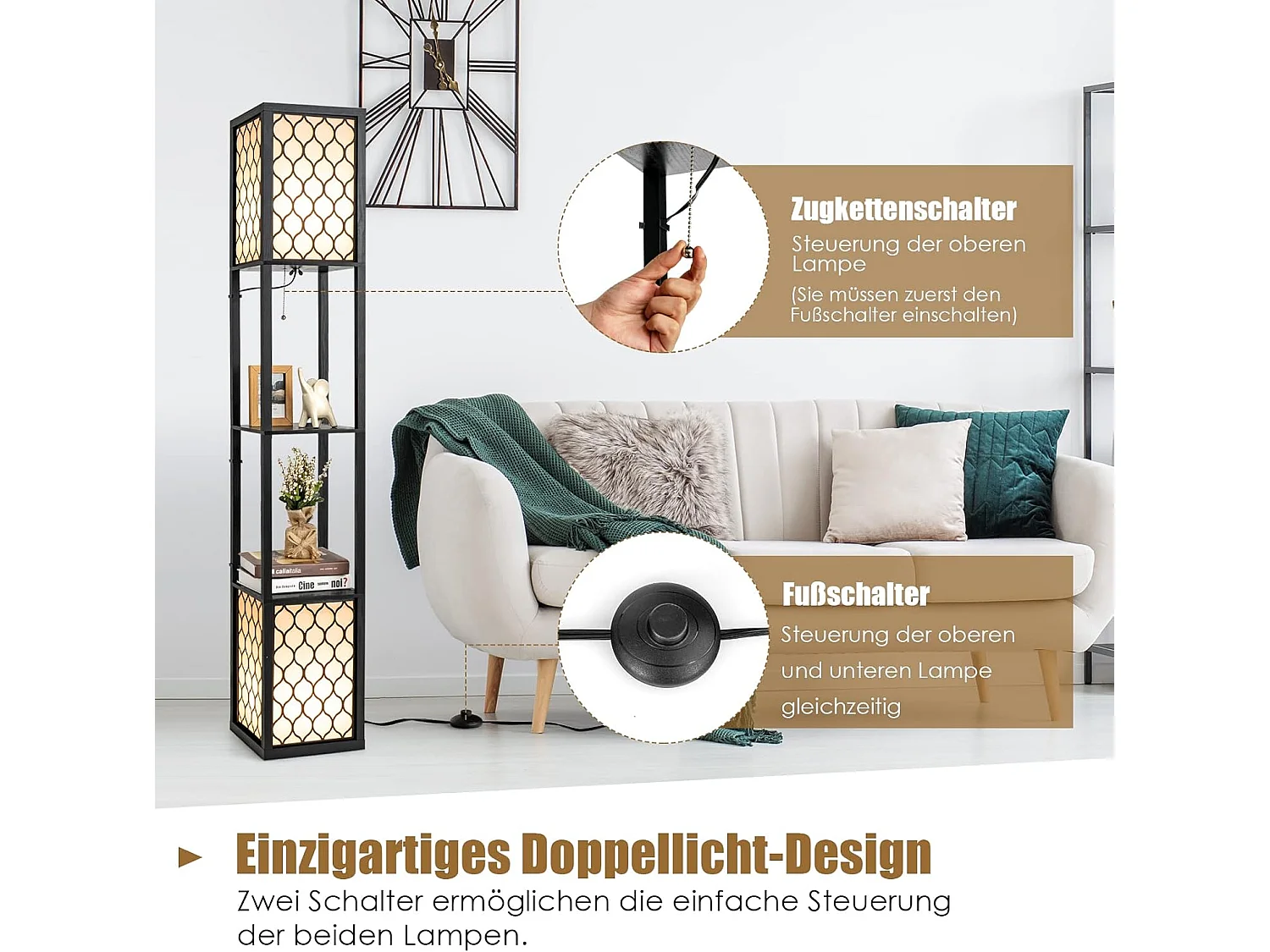 Stehlampe mit 2 Ablagen, 26 x 26 x 156 cm