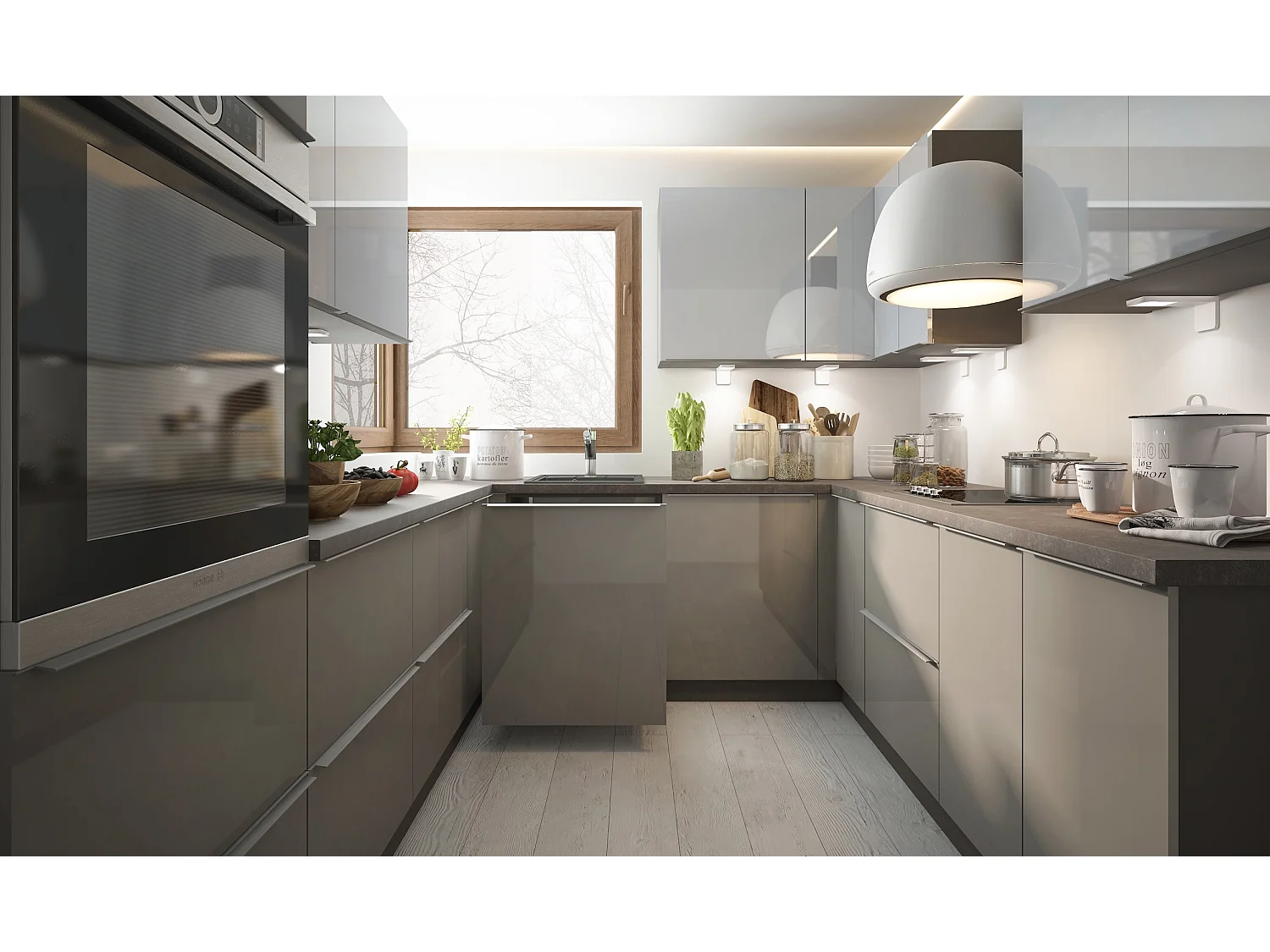 WINKELKÜCHE Brerra lava matt / signalweiß-quarzgrau hochglanz 15-teilig