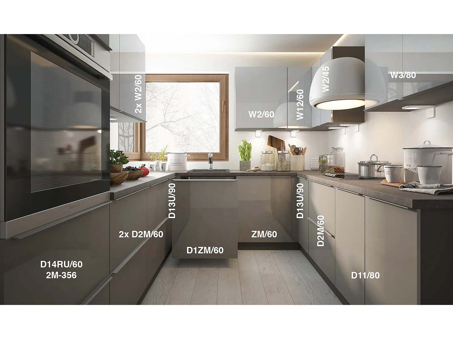 WINKELKÜCHE Brerra lava matt / signalweiß-quarzgrau hochglanz 15-teilig
