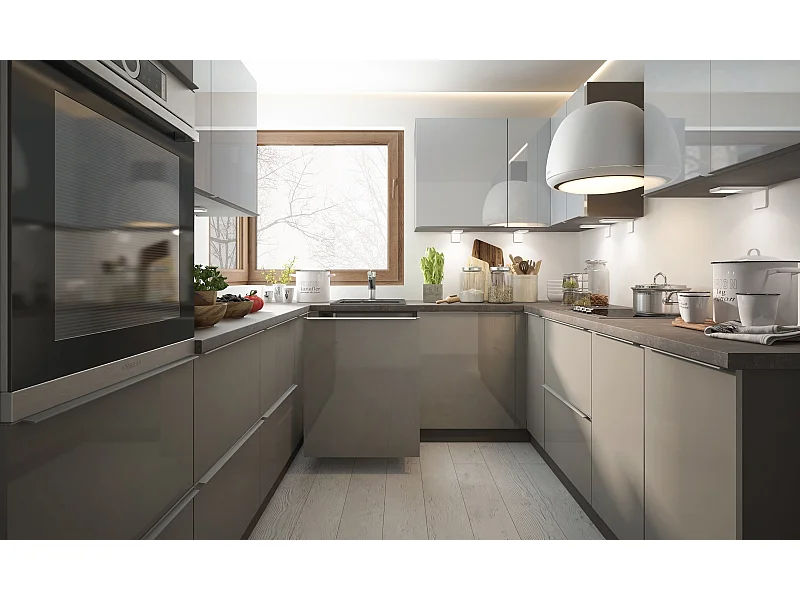 WINKELKÜCHE Brerra lava matt / signalweiß-quarzgrau hochglanz 15-teilig