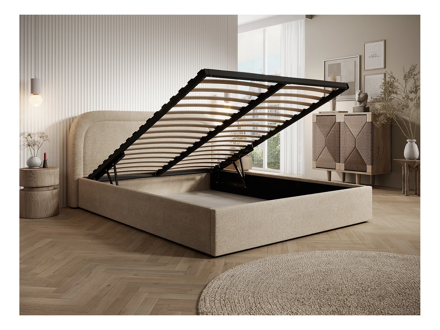 Bed met opbergruimte 180 x 200 cm - Gevlamde stof - Beige + matras - FIREZA