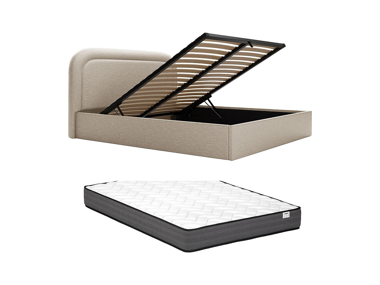 Bed met opbergruimte 180 x 200 cm - Gevlamde stof - Beige + matras - FIREZA