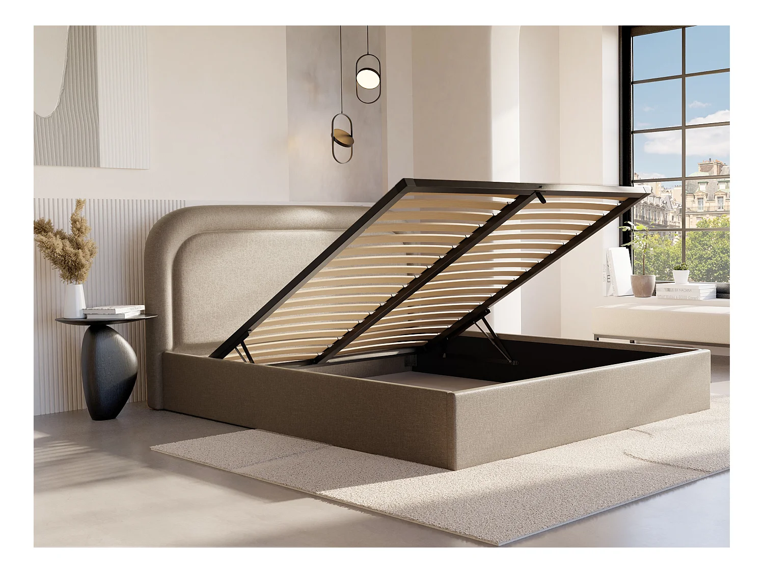 Bed met opbergruimte 180 x 200 cm - Gevlamde stof - Beige + matras - FIREZA