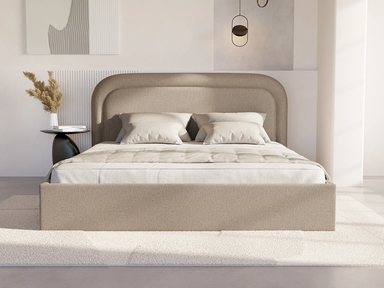 Bed met opbergruimte 180 x 200 cm - Gevlamde stof - Beige + matras - FIREZA