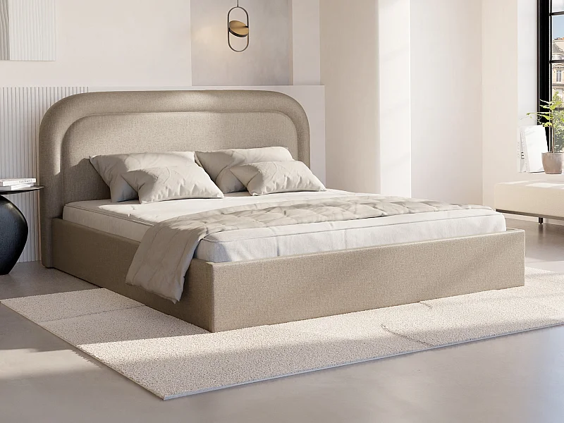 Lit coffre 180 x 200 cm - Tissu chiné - Beige + Matelas - FIREZA