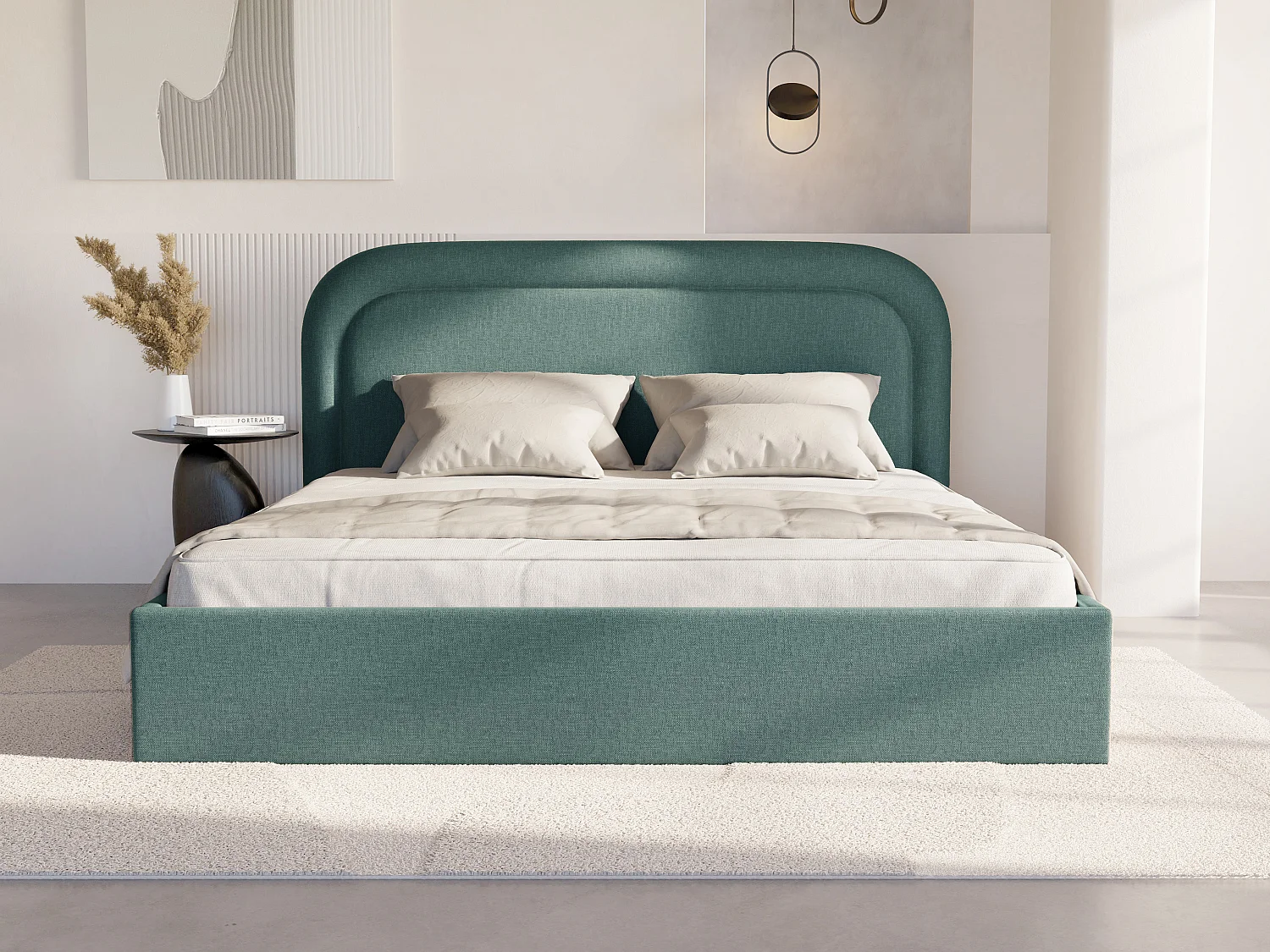 Lit coffre 180 x 200 cm - Tissu chiné - Bleu canard + Matelas - FIREZA