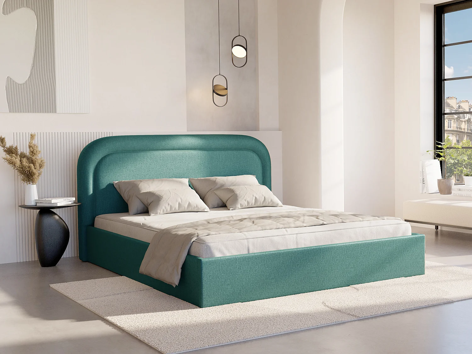 Bett mit Bettkasten - 180 x 200 cm - Melierter Stoff - Blau + Matratze - FIREZA