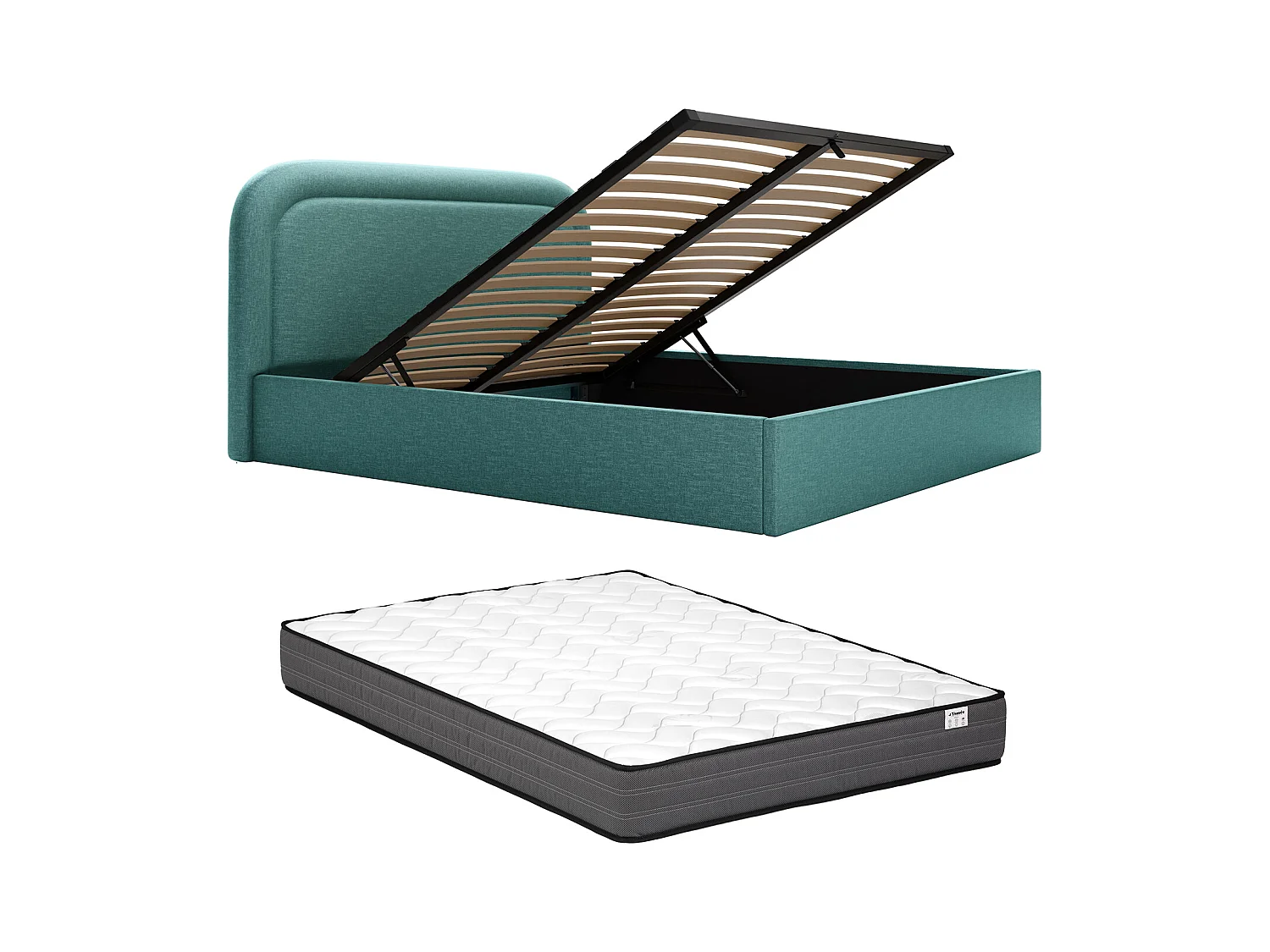 Sengeramme sengekassa 180 x 200 cm - Melert stoff - Petroleumsblå + Madrass - FIREZA