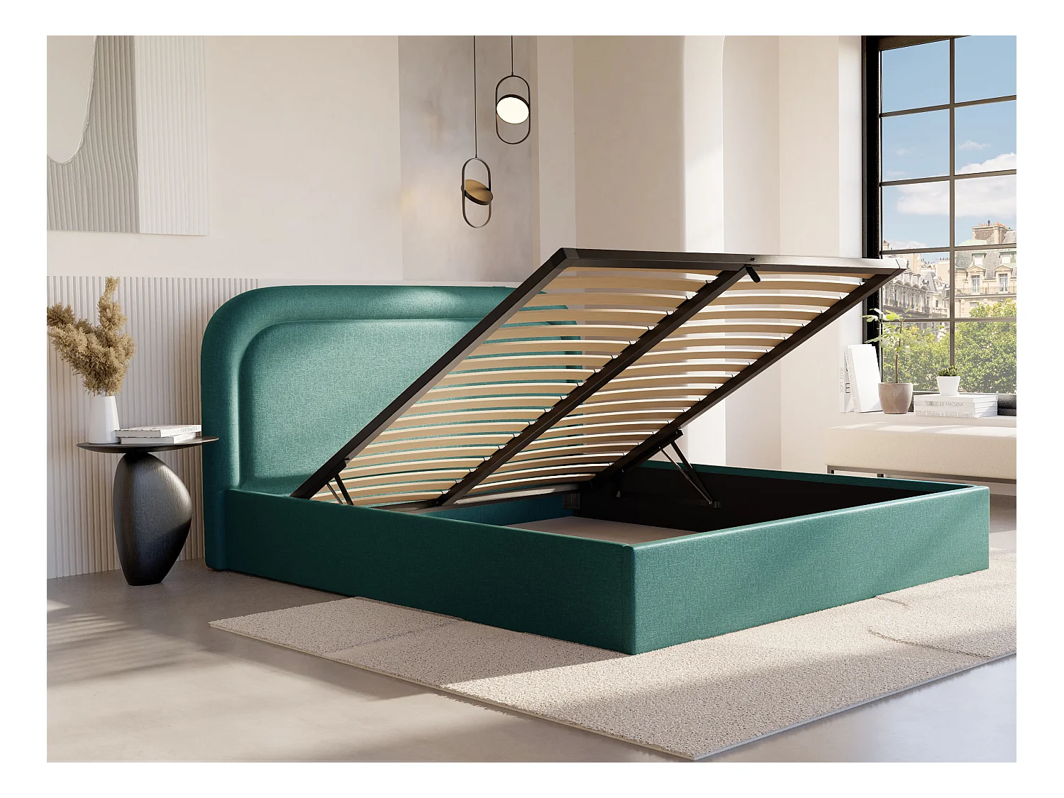 Sengeramme sengekassa 180 x 200 cm - Melert stoff - Petroleumsblå + Madrass - FIREZA