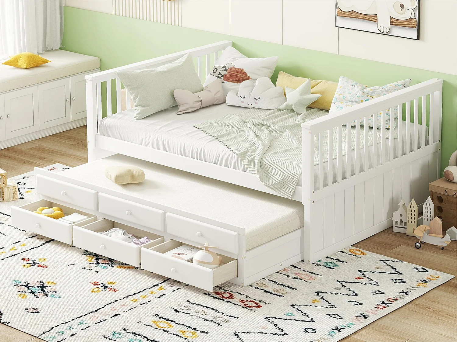 Lit en bois 140x200cm avec un lit gigogne 90x190cm - 3 tiroirs - Blanc