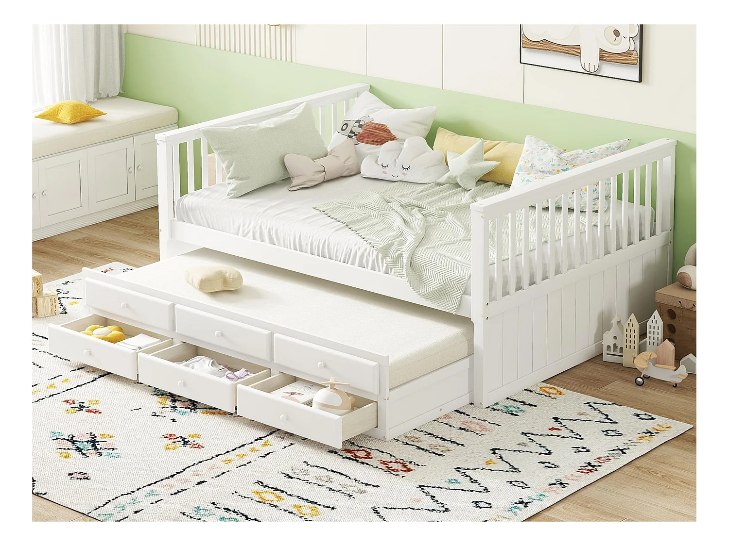 Lit en bois 140x200cm avec un lit gigogne 90x190cm - 3 tiroirs - Blanc