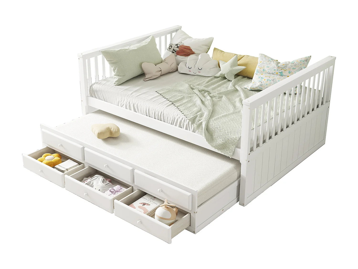 Cama de madeira 140x200cm com cama de gavetão 90x190cm - 3 gavetas - Branco