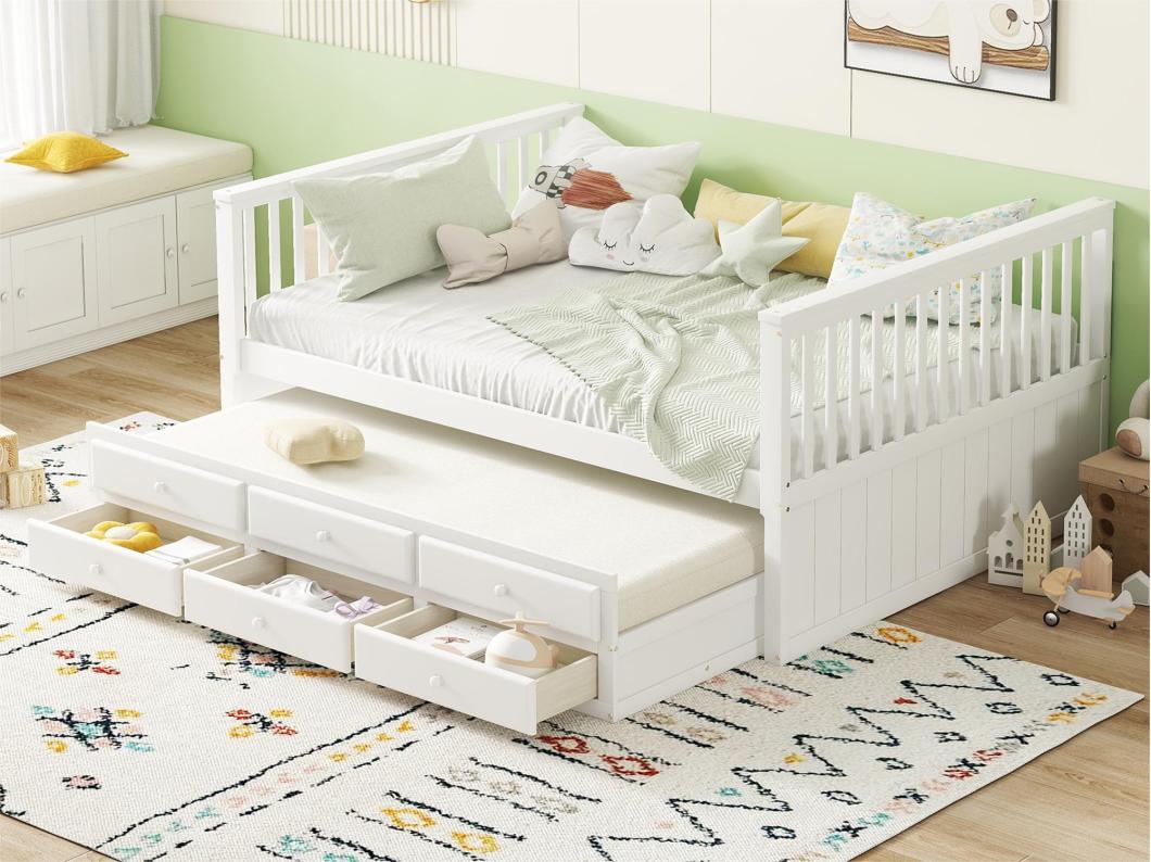 Houten bed 140x200cm met onderschuifbed 90x190cm - 3 lades - Wit