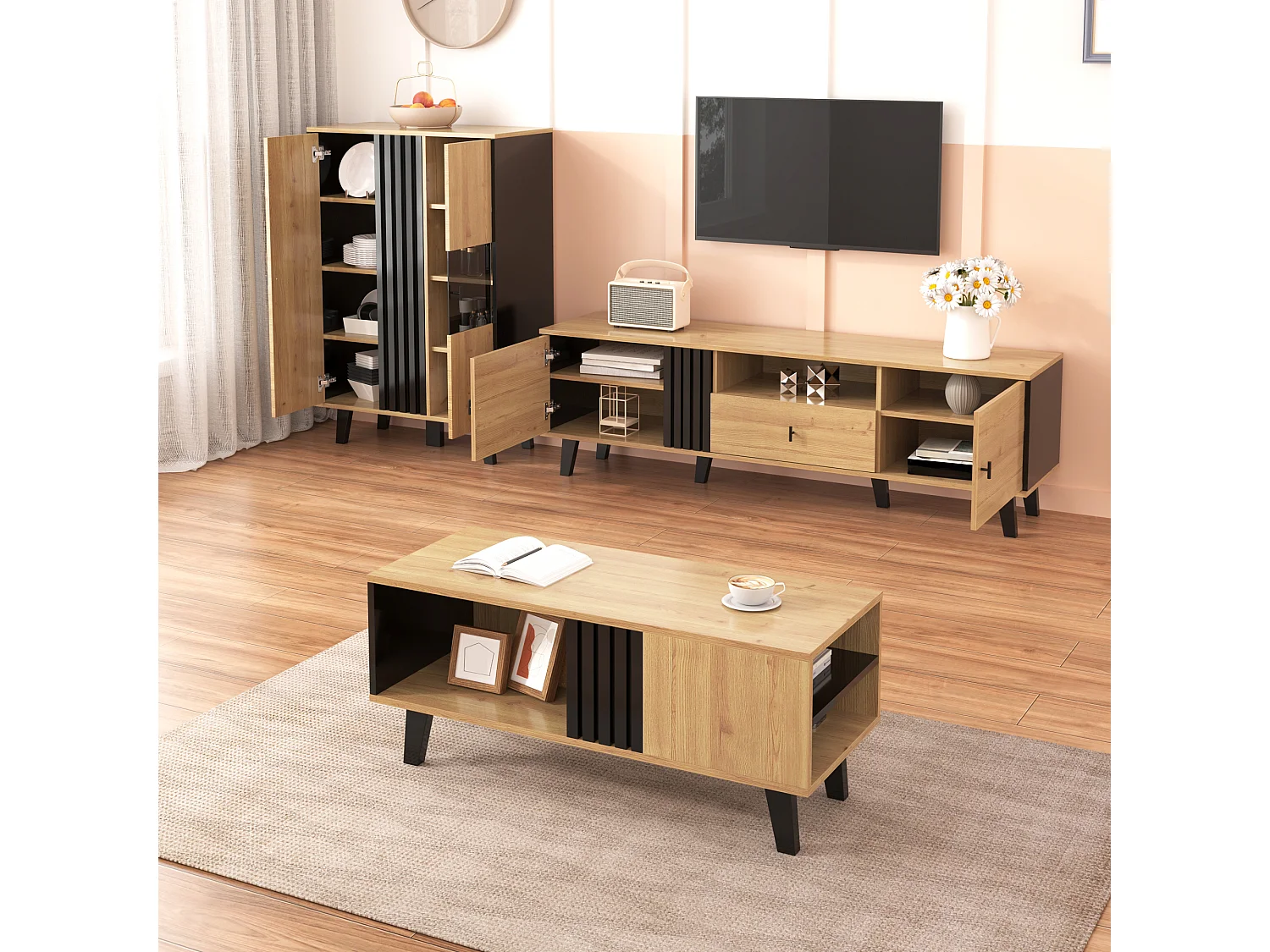 Meuble TV 170cm - 1 tiroir 1 niche 2 portes - Naturel & Noir