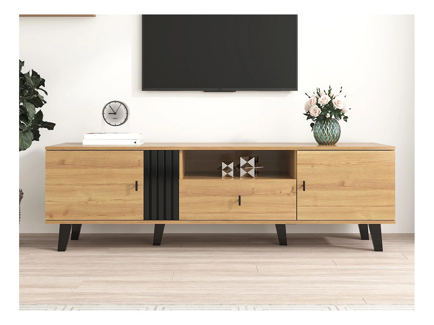 Meuble TV 170cm - 1 tiroir 1 niche 2 portes - Naturel & Noir