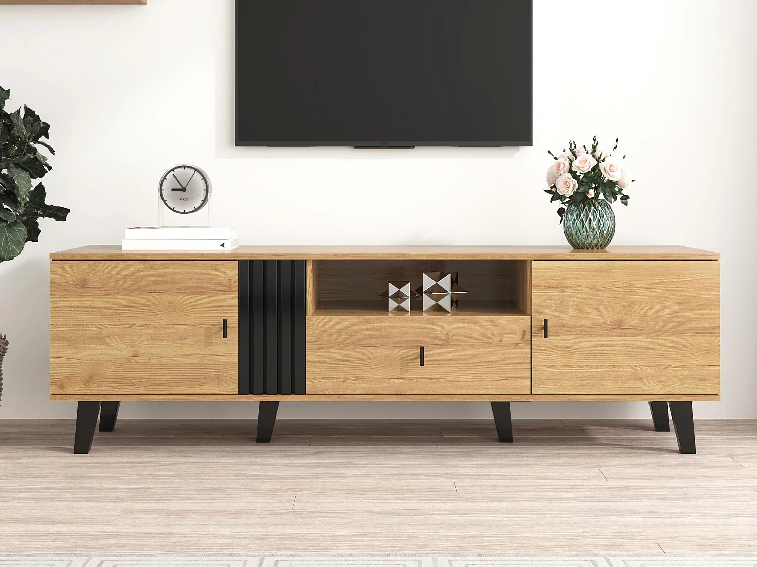 170 cm TV-Schrank – 1 Schublade, 1 Nische, 2 Türen – Natur und Schwarz