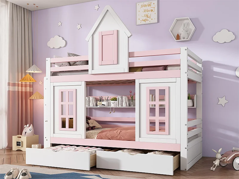 Stapelbed、Prinsesbed 90x200cm - 2 laden op wielen en open planken - in grenenhout en MDF - Roze