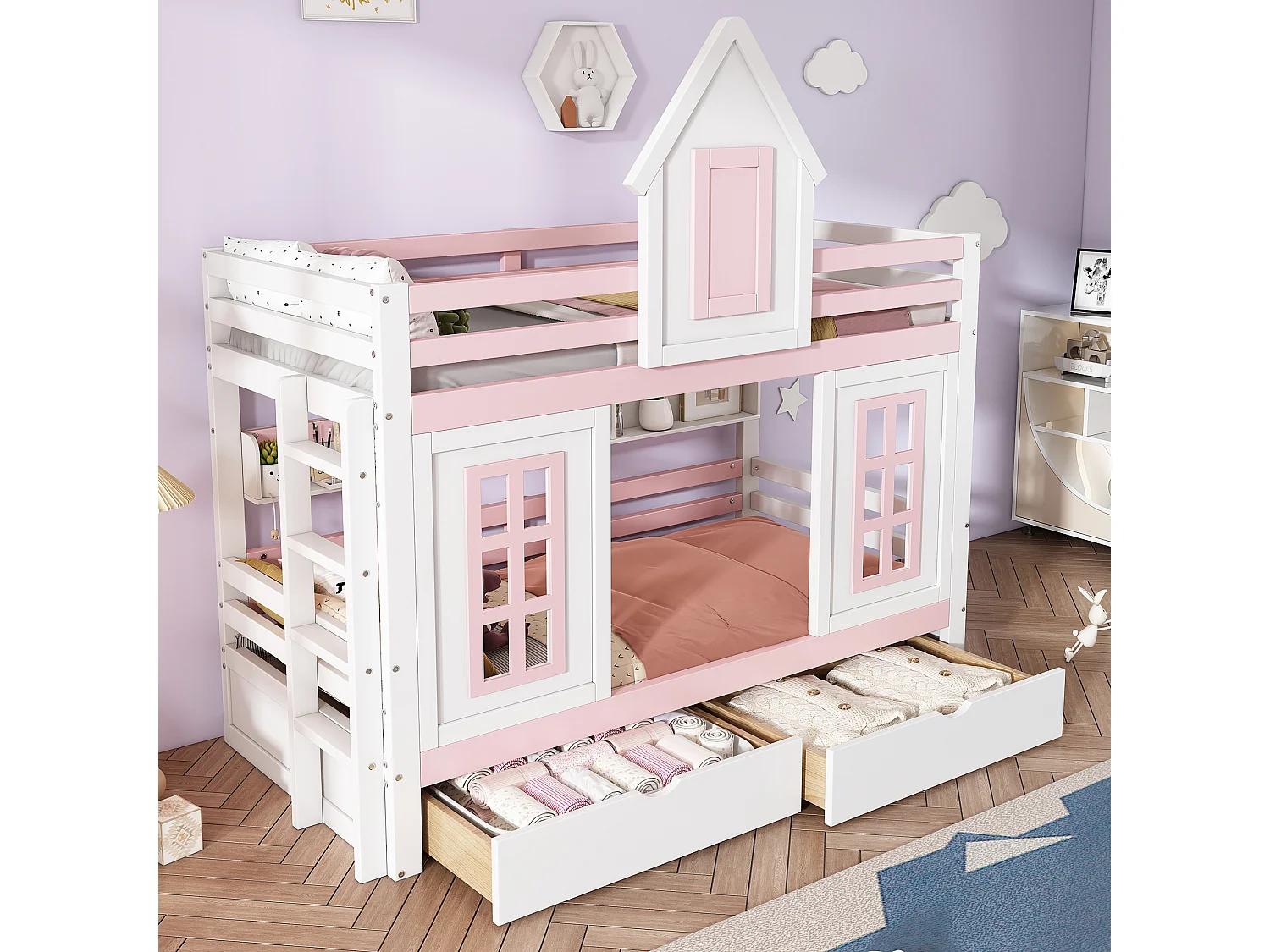 Stapelbed、Prinsesbed 90x200cm - 2 laden op wielen en open planken - in grenenhout en MDF - Roze
