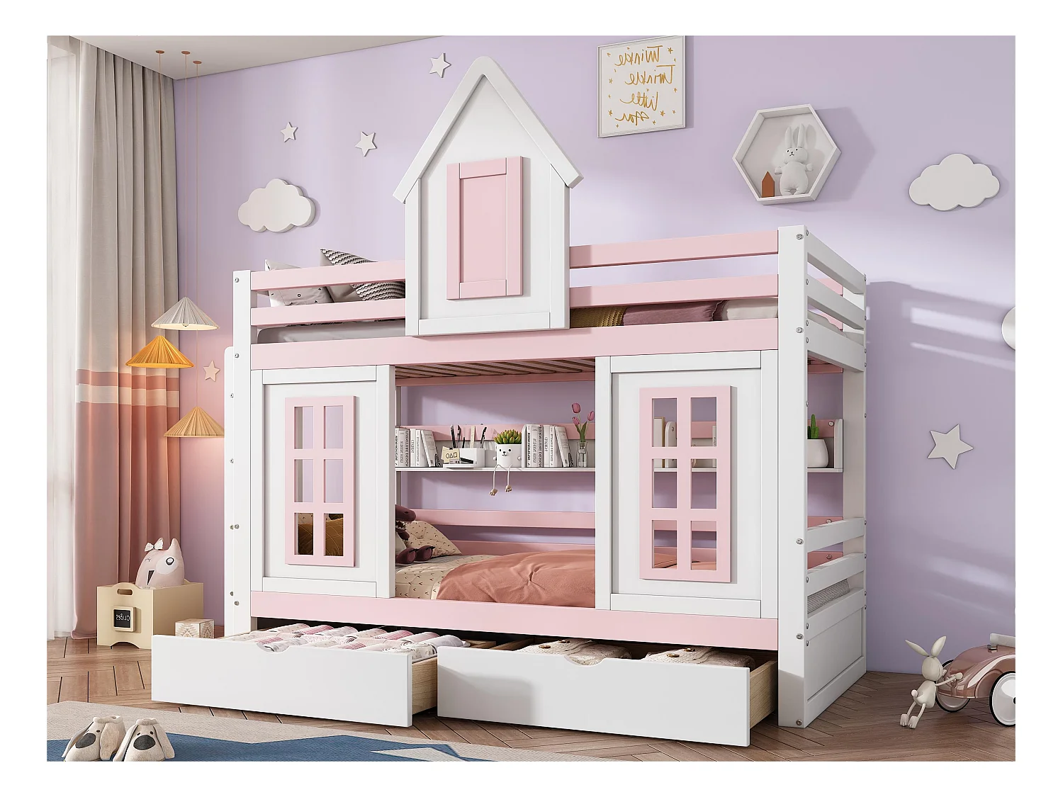 Lit superposé、Lit princesse 90x200cm - 2 tiroirs à roulettes et étagères ouvertes - en bois de pin et MDF - Rose