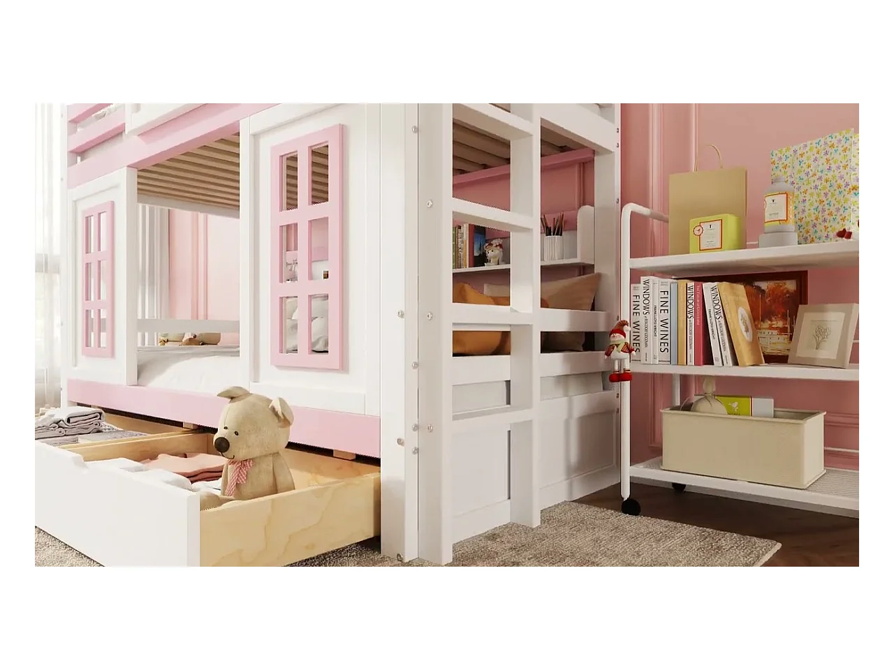 Etagenbett, Prinzessinnenbett 90 x 200 cm – 2 Schubladen auf Rollen und offene Regale – aus Kiefernholz und MDF – Rosa