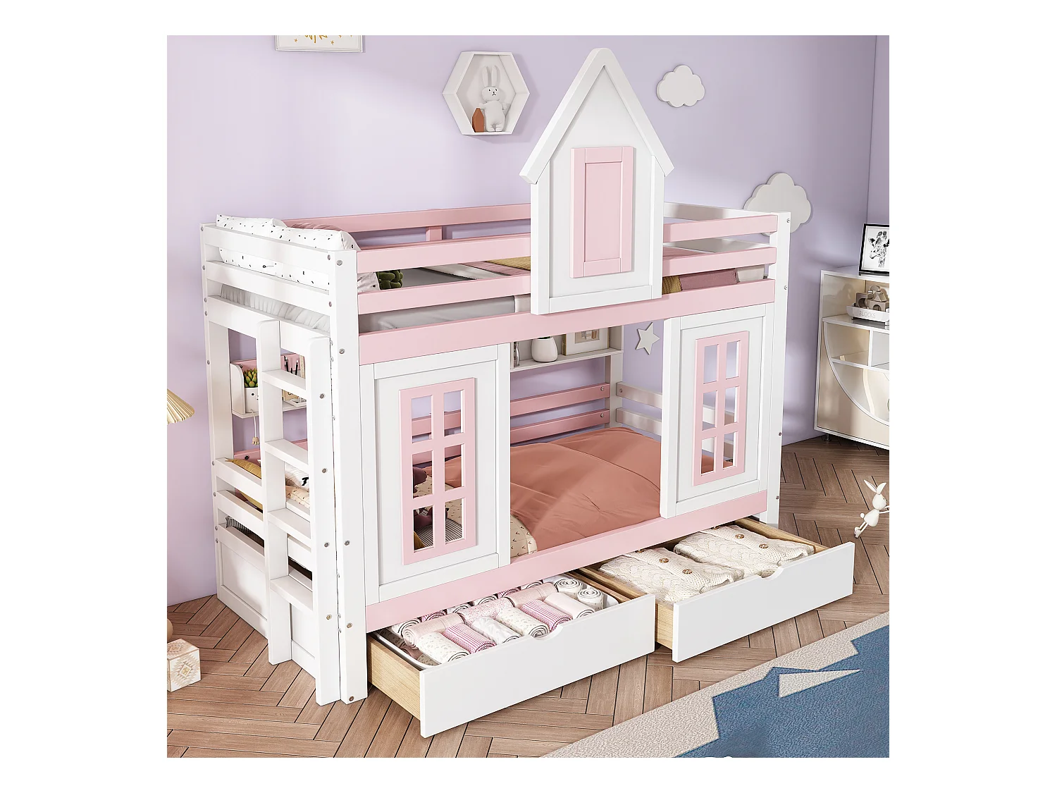 Etagenbett, Prinzessinnenbett 90 x 200 cm – 2 Schubladen auf Rollen und offene Regale – aus Kiefernholz und MDF – Rosa