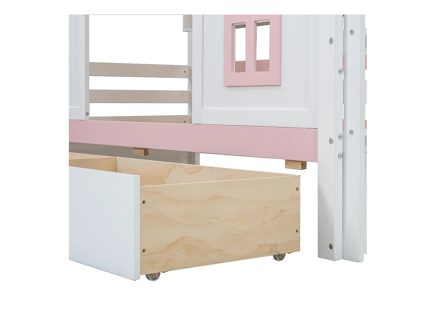 Etagenbett, Prinzessinnenbett 90 x 200 cm – 2 Schubladen auf Rollen und offene Regale – aus Kiefernholz und MDF – Rosa