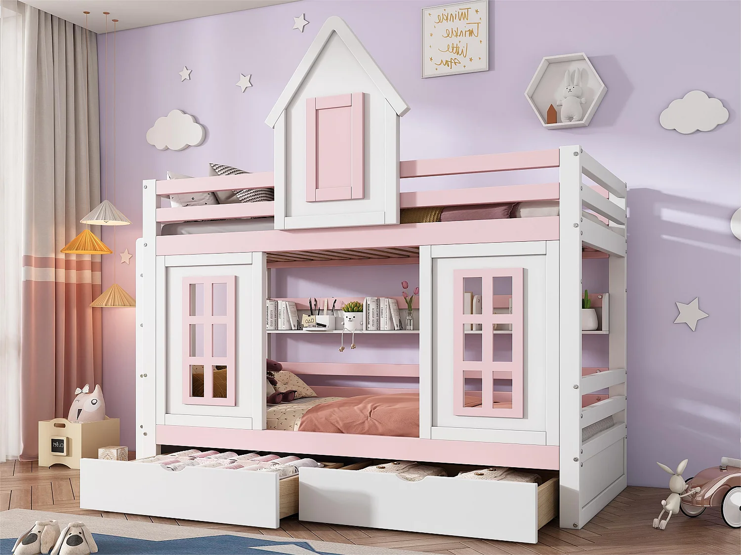 Etagenbett, Prinzessinnenbett 90 x 200 cm – 2 Schubladen auf Rollen und offene Regale – aus Kiefernholz und MDF – Rosa