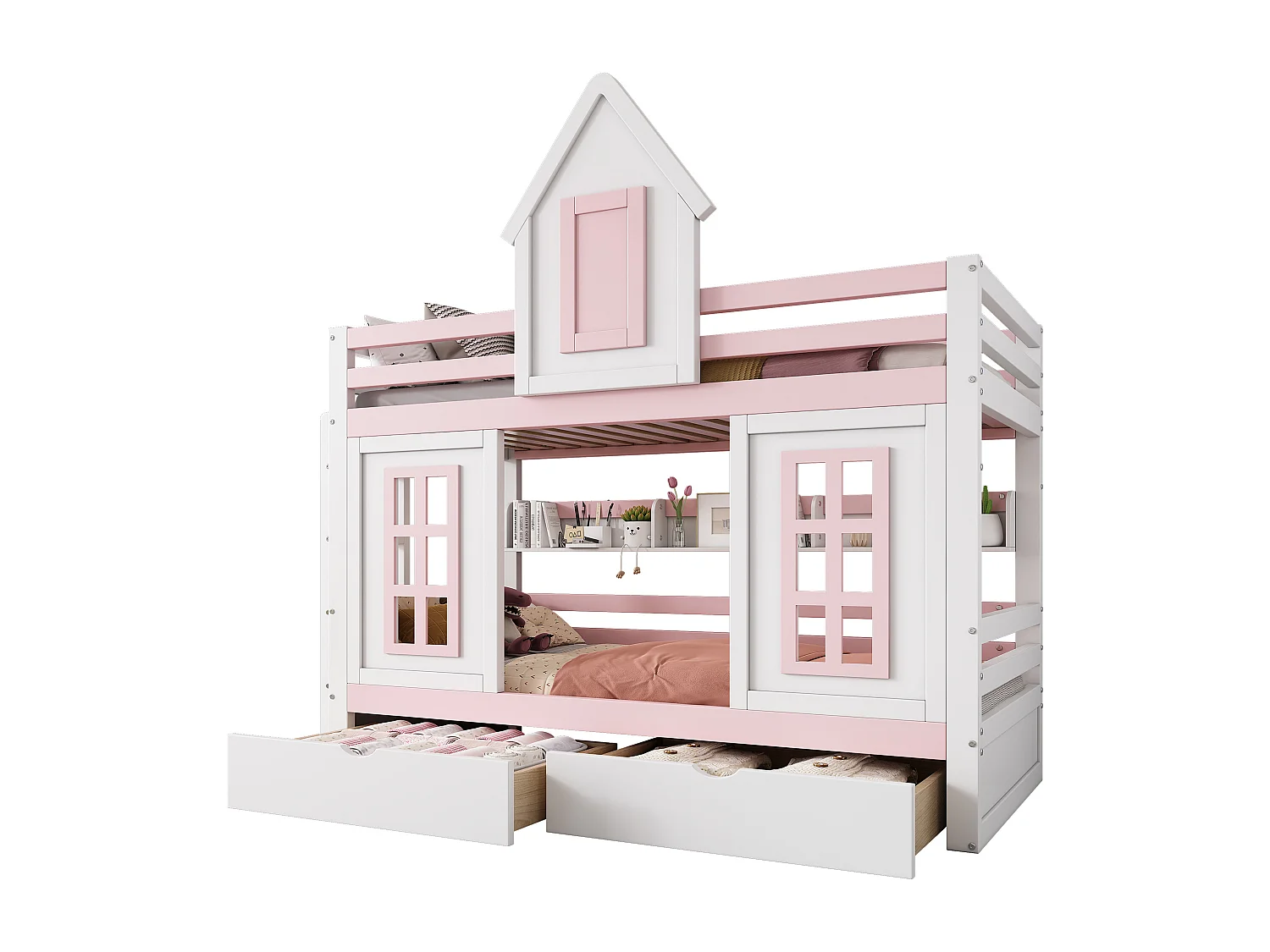 Lit superposé、Lit princesse 90x200cm - 2 tiroirs à roulettes et étagères ouvertes - en bois de pin et MDF - Rose