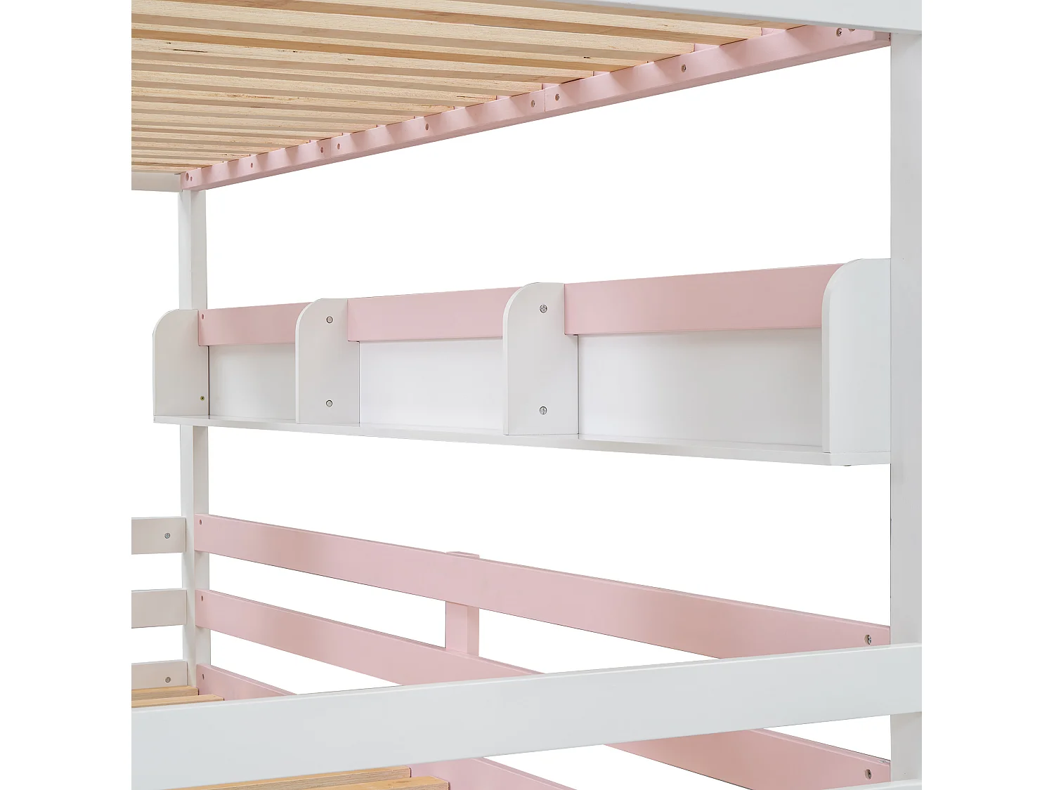 Lit superposé、Lit princesse 90x200cm - 2 tiroirs à roulettes et étagères ouvertes - en bois de pin et MDF - Rose