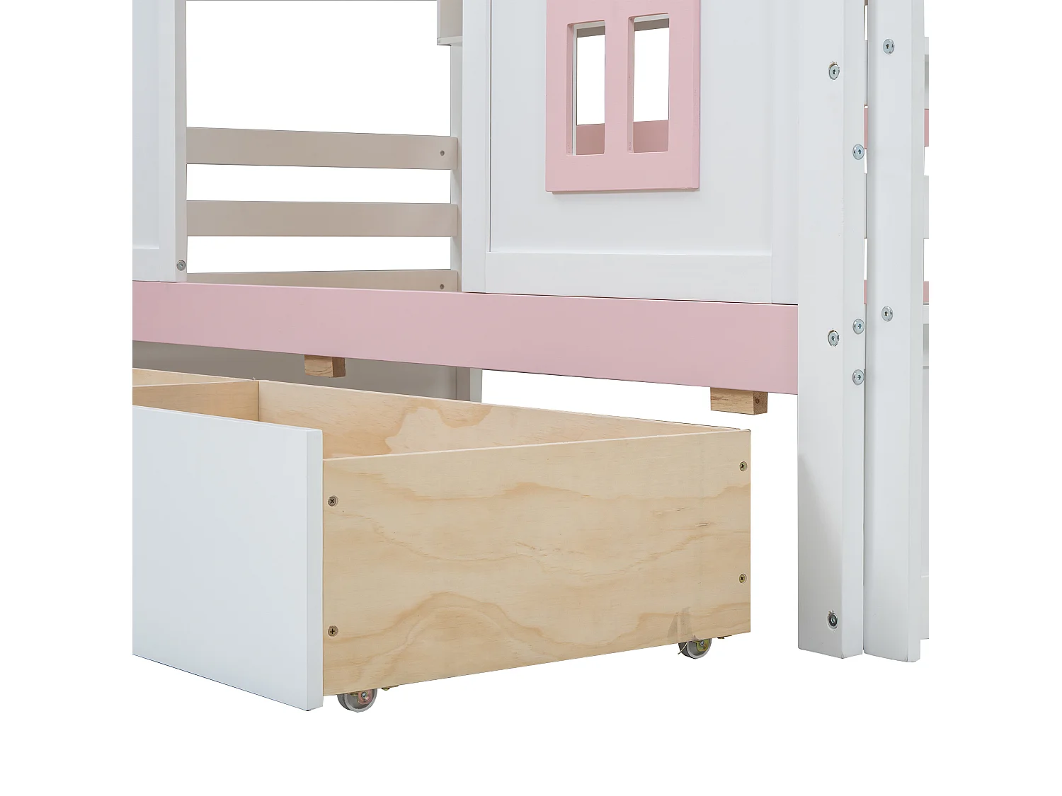 Lit superposé、Lit princesse 90x200cm - 2 tiroirs à roulettes et étagères ouvertes - en bois de pin et MDF - Rose