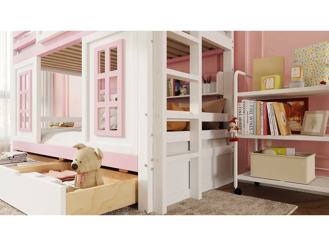 Lit superposé、Lit princesse 90x200cm - 2 tiroirs à roulettes et étagères ouvertes - en bois de pin et MDF - Rose