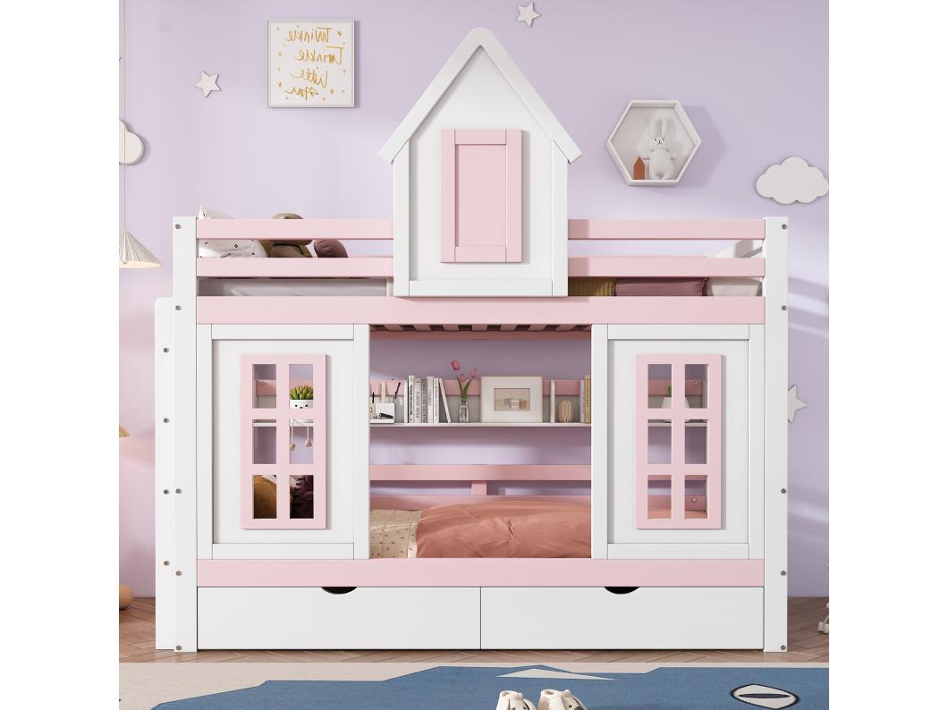 Litera、Cama princesa 90x200cm - 2 cajones con ruedas y estantes abiertos - en madera de pino y MDF - Rosa