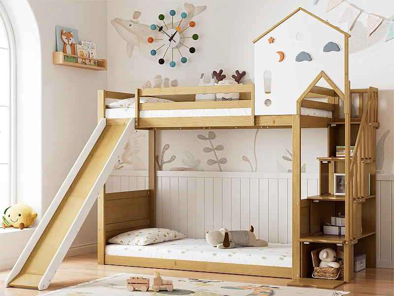Litera 90x200cm - con escalera almacenaje y tobogán - en madera de pino y MDF - Natural