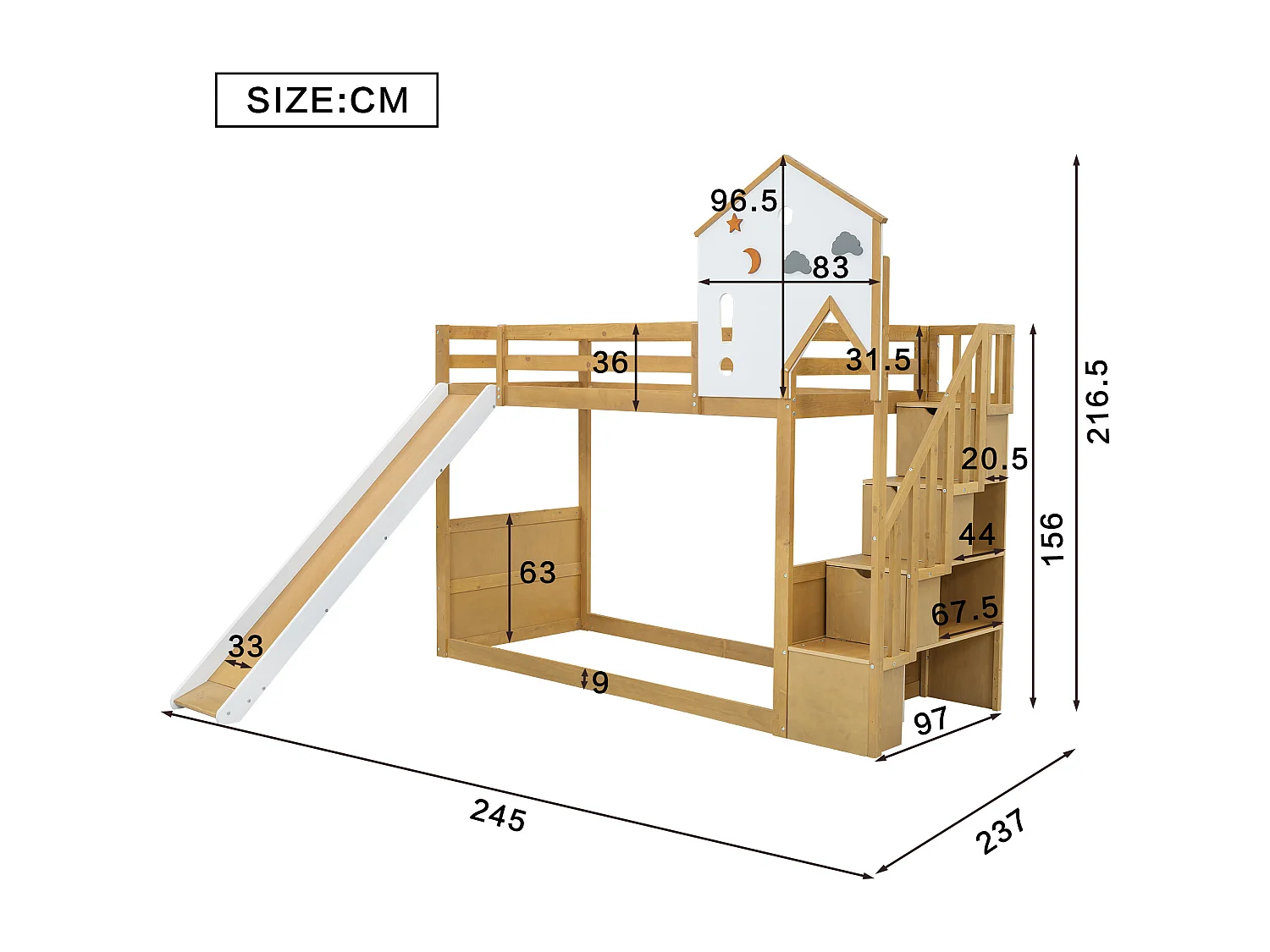 Letto a castello 90x200 cm - con scala portaoggetti e scivolo - in legno di pino e MDF - Naturale