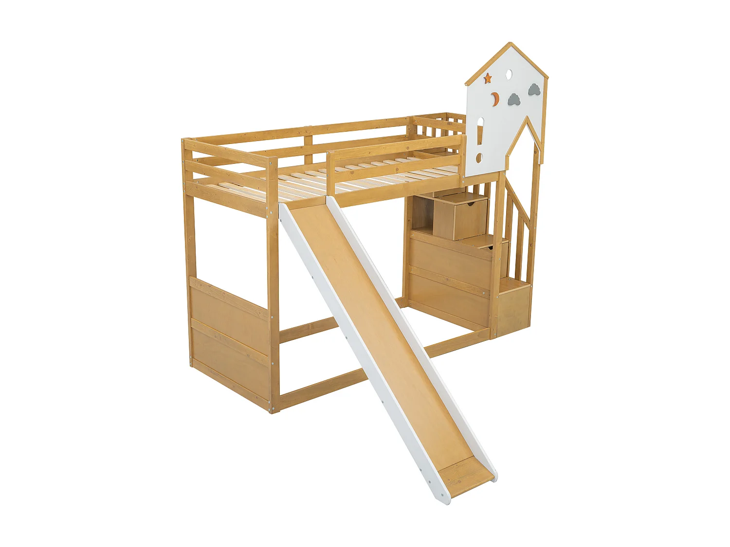 Letto a castello 90x200 cm - con scala portaoggetti e scivolo - in legno di pino e MDF - Naturale