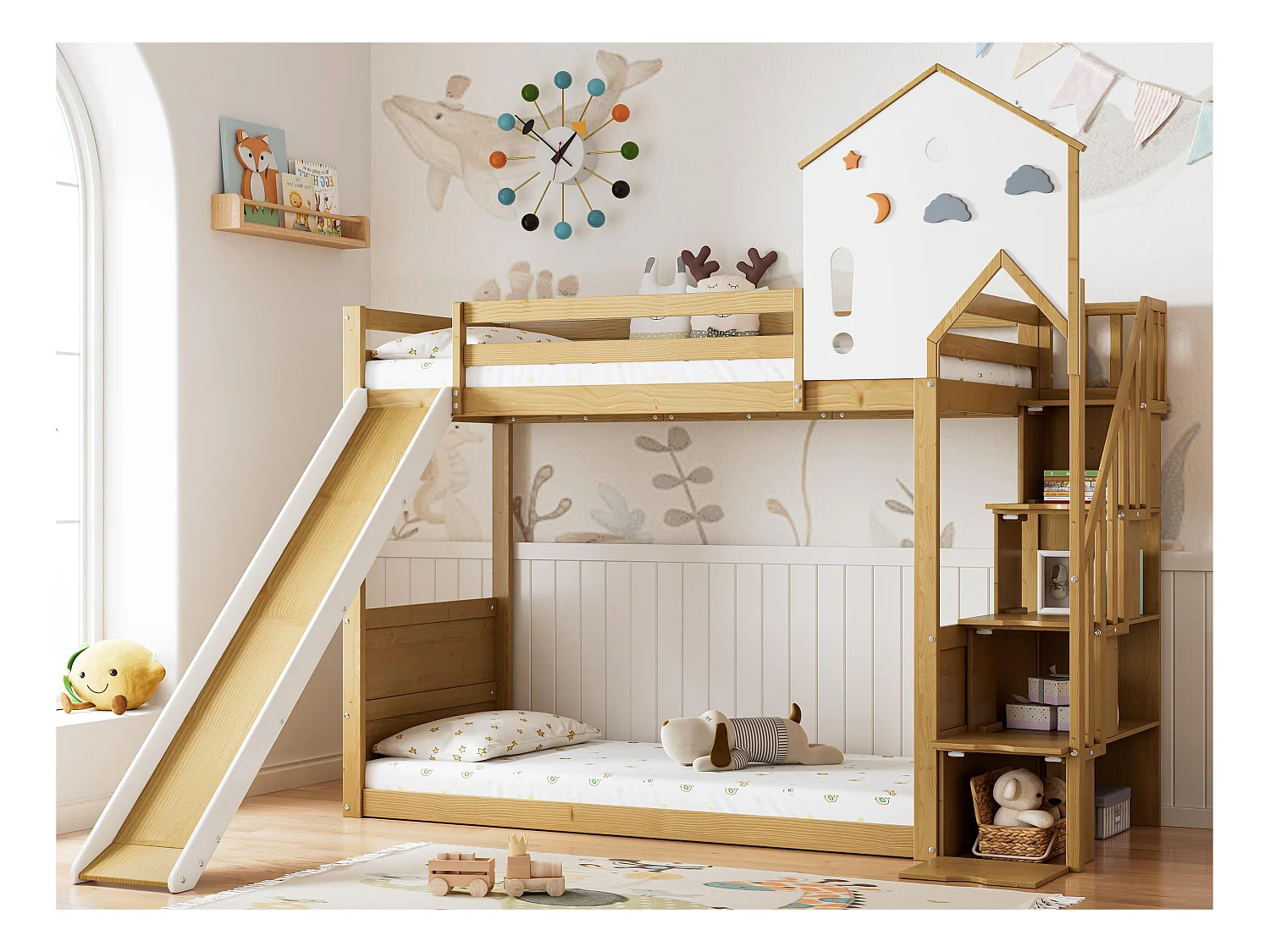 Stapelbed 90x200cm - met opbergtrap en glijbaan - in grenenhout en MDF - Naturel