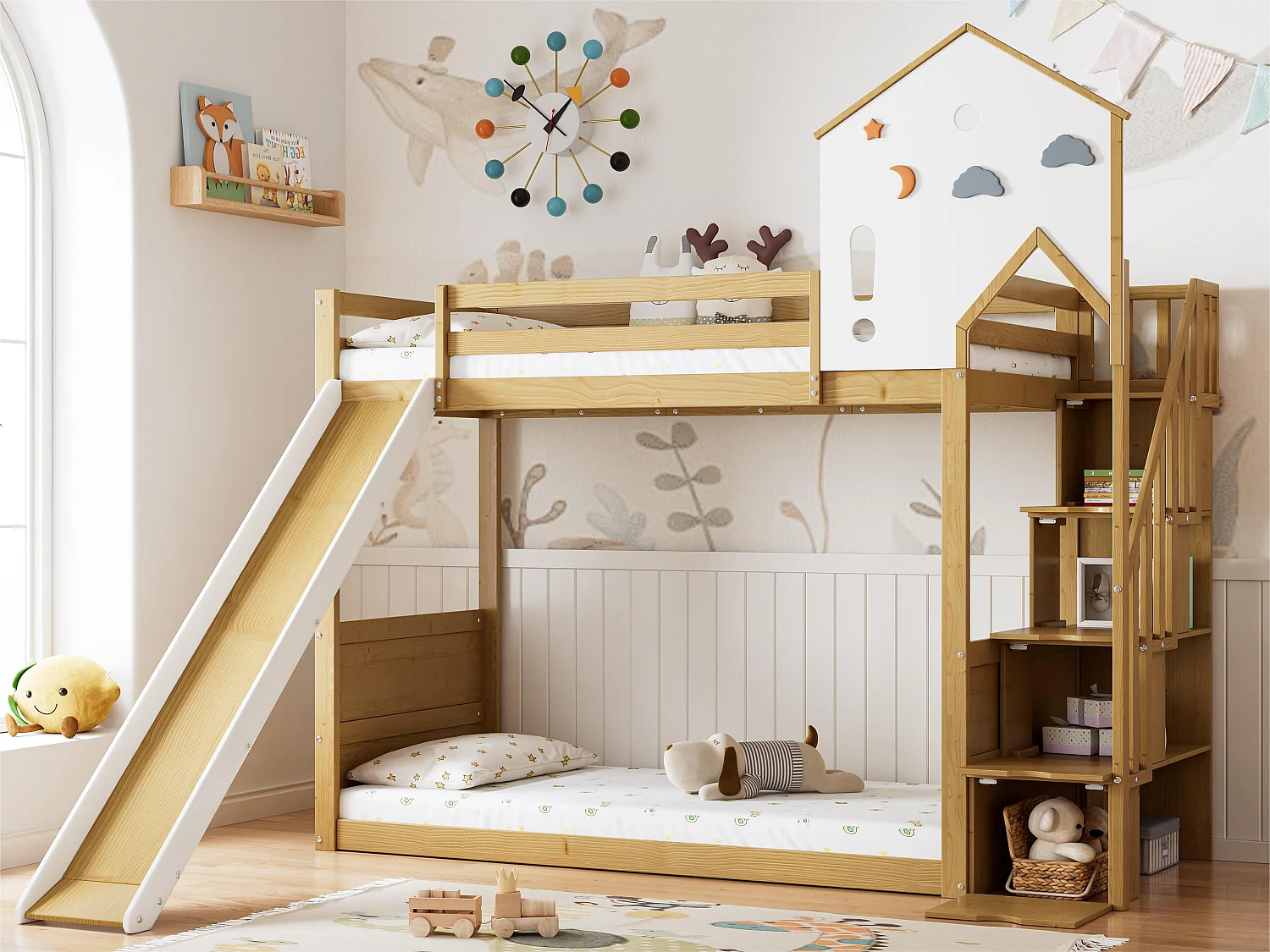 Łóżko piętrowe 90x200cm - z schodami do przechowywania i zjeżdżalnią - z drewna sosnowego i MDF - naturalne