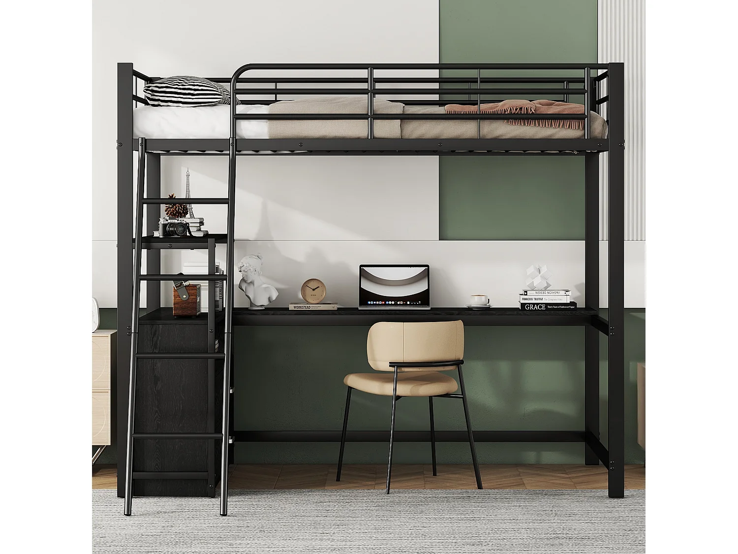 Lit mezzanine 90x200cm - bureau d'angle avec tiroirs - en MDF et métal - Noir