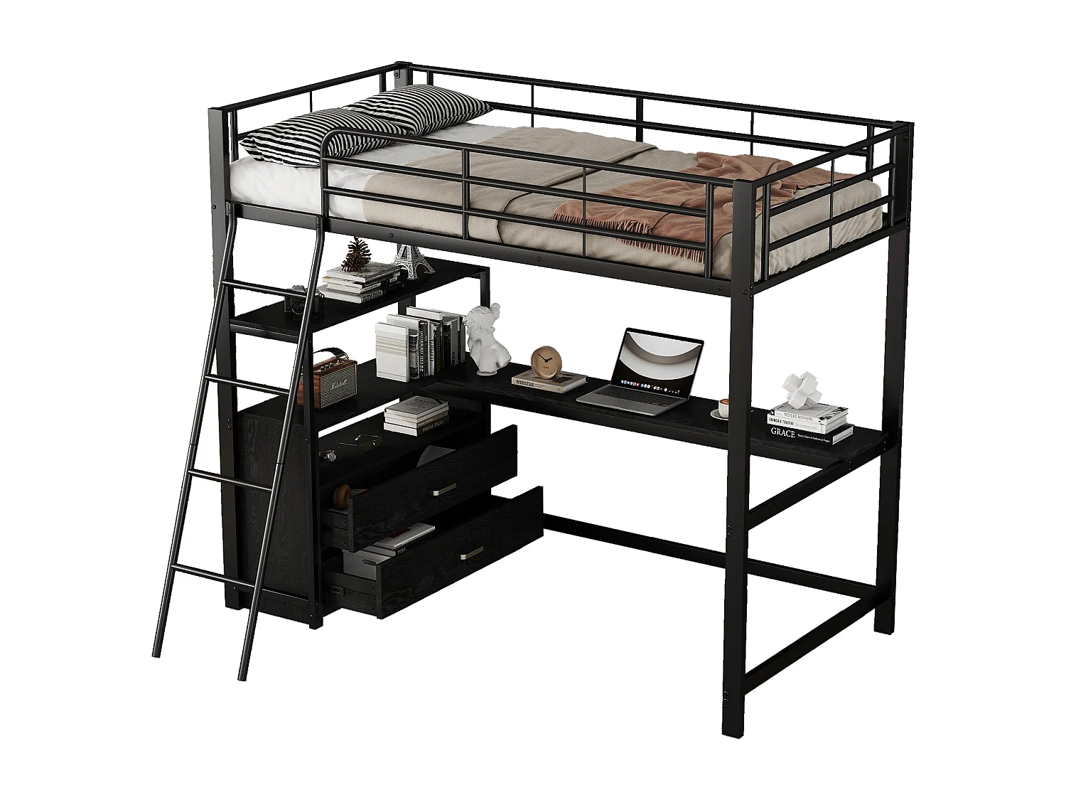 Lit mezzanine 90x200cm - bureau d'angle avec tiroirs - en MDF et métal - Noir