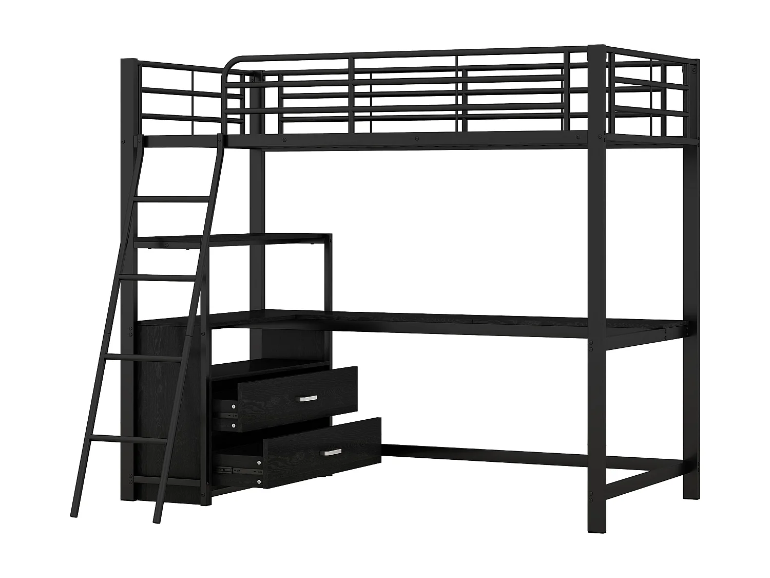 Lit mezzanine 90x200cm - bureau d'angle avec tiroirs - en MDF et métal - Noir