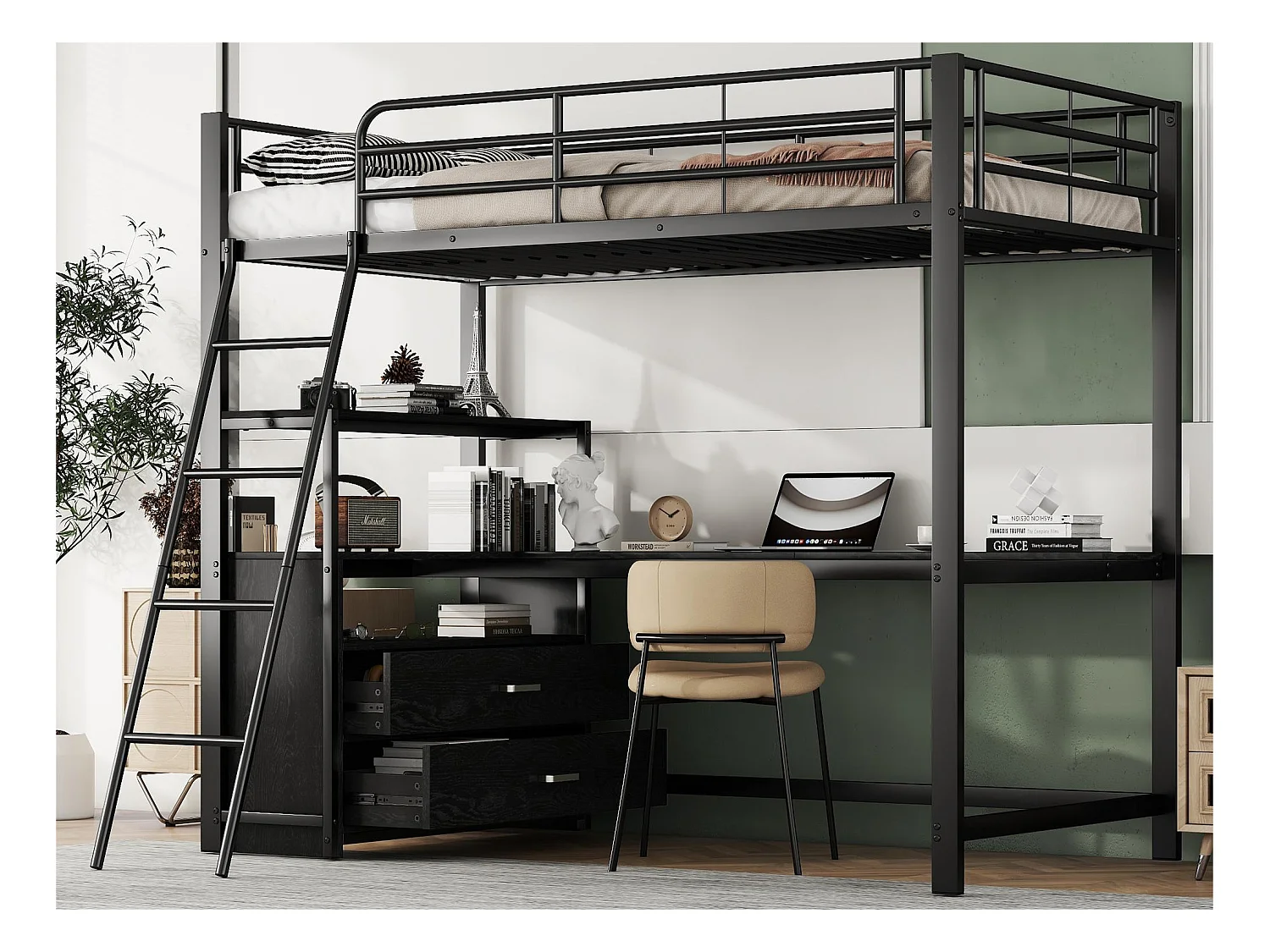 Mezzaninebed 90x200cm - hoekbureau met lades - in MDF en metaal - Zwart